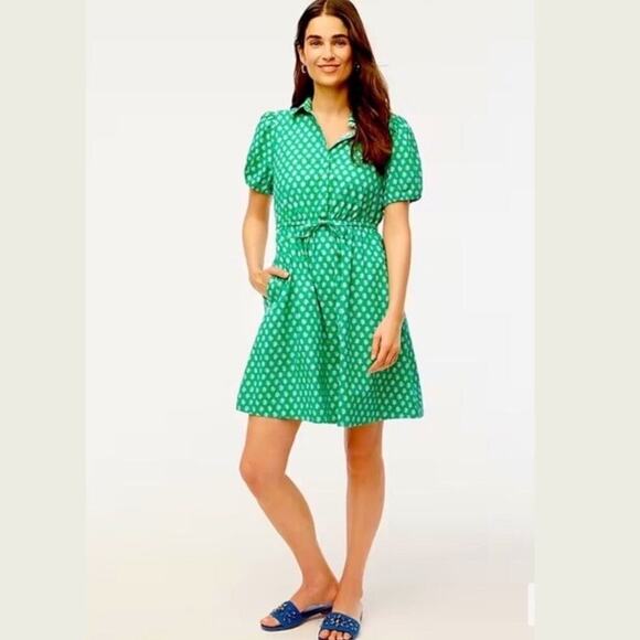 J.Crew Kelly Green Collared Short Sleeve Cotton Stretch Tie Waist Dress NEW - Picture 5 of 16